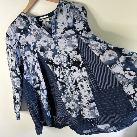 Textile hARvesT Floral Mixed Media Recycle Fabric Button-Up Shirt Large - Picture 4 of 7